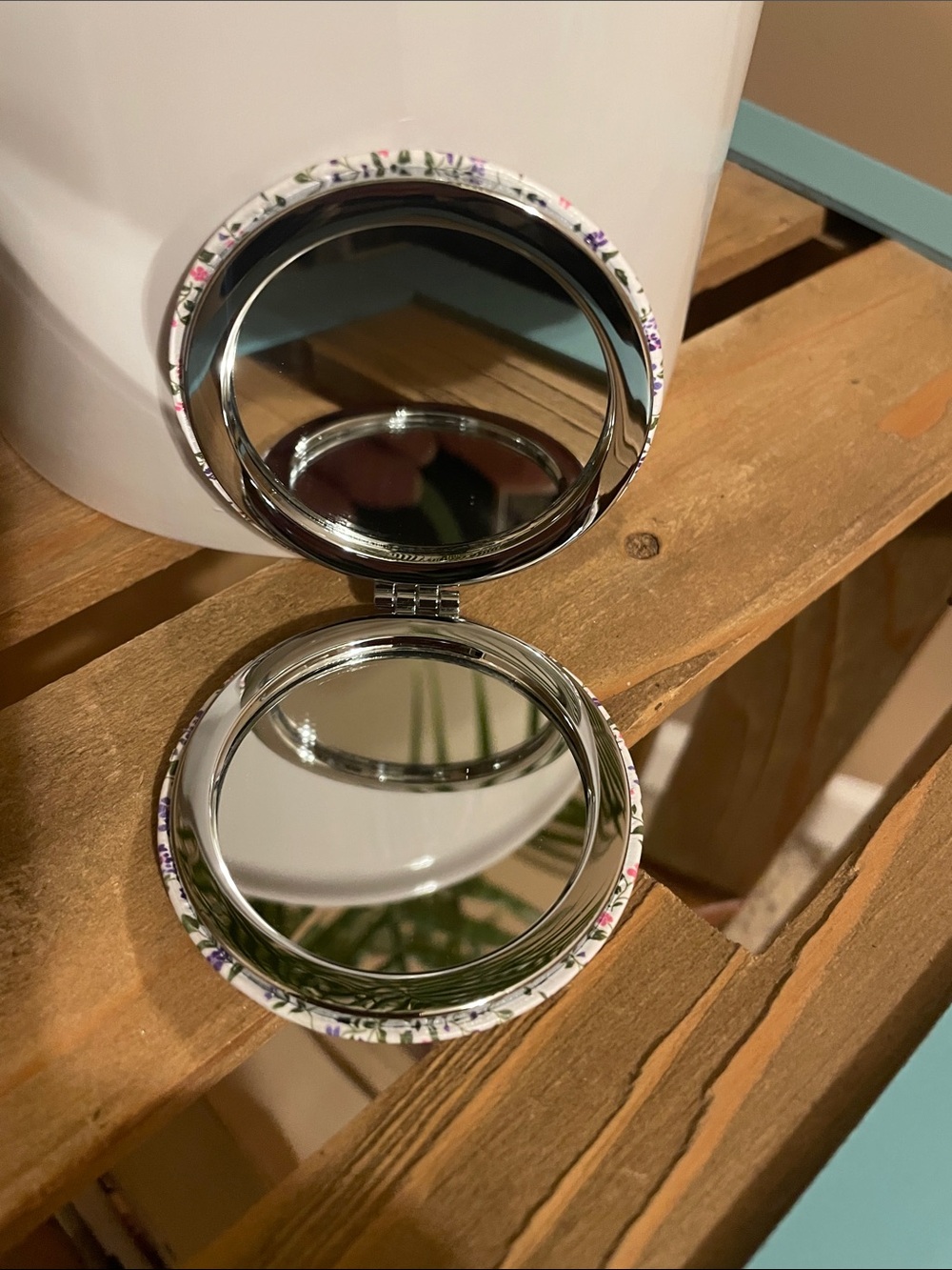 Round Floral Compact Mirror - White with Purple & Pink Flowers - Picture 2 of 2